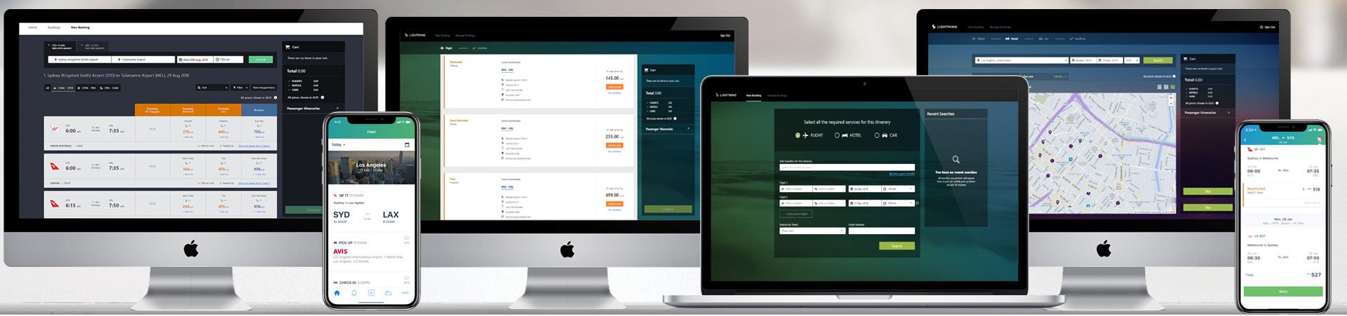 Lightning Online Booking Tool screens displayed on desktop, laptop and cell phone