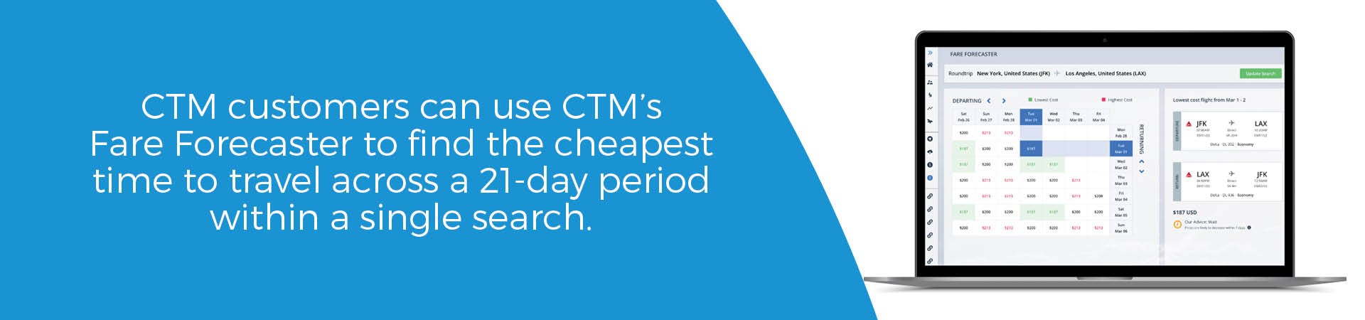Graphic: CTM customers can use CTM’s Fare Forecaster to find the cheapest time to travel across a 21-day period within a single search