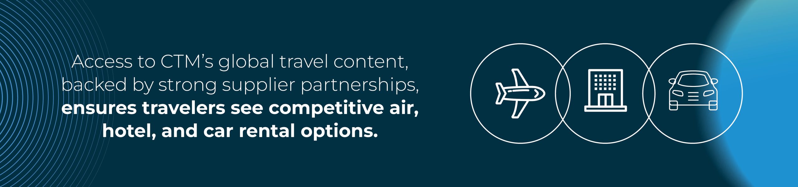 Access to CTM's global travel content, backed by strong supplier partnerships, ensures travelers see competitive air, hotel, and car options.